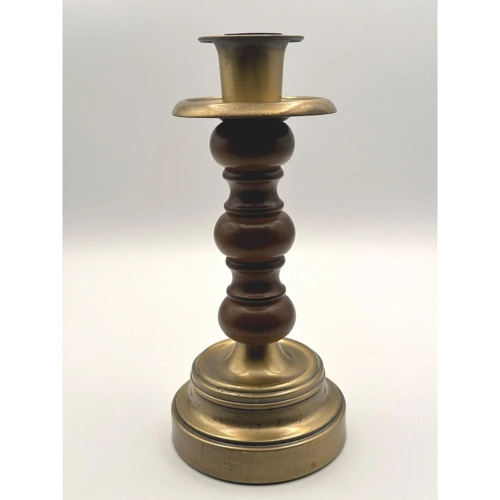 Vintage Brass Wood Candlestick Holder - Rustic Home Decor